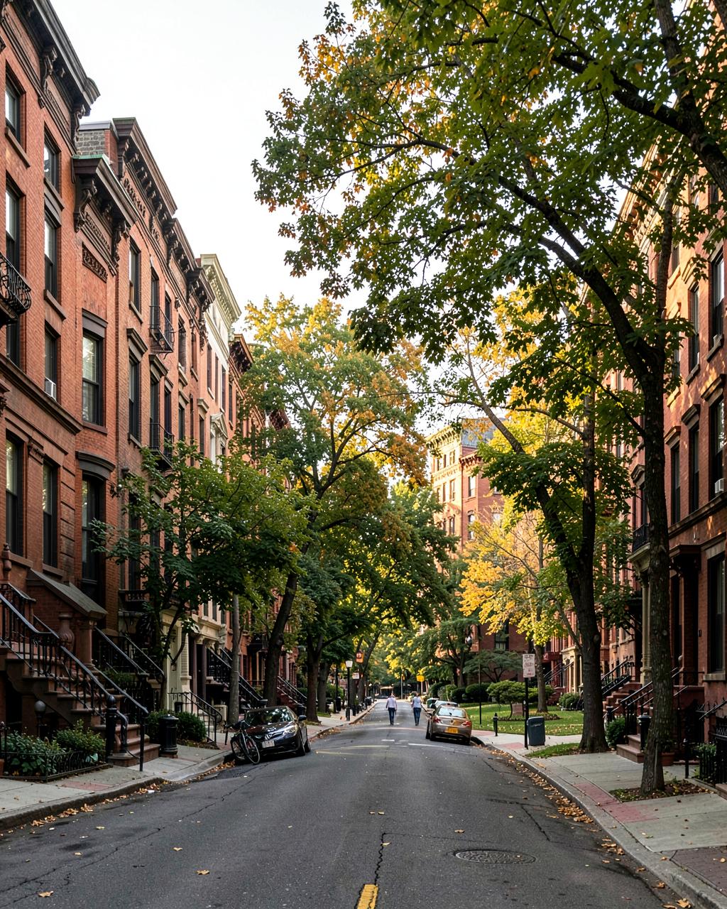 Tree-lined neighborhood street with historic brick homes