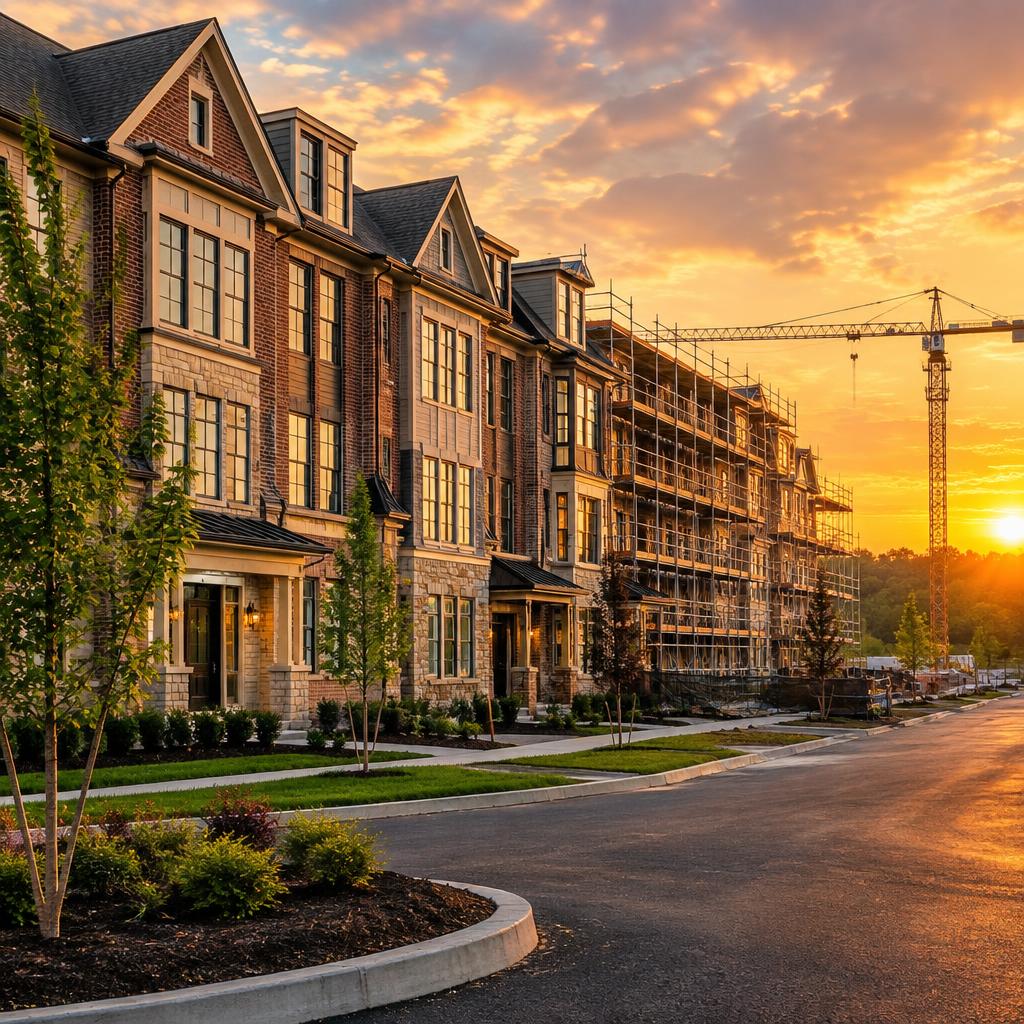 Luxury townhouses under construction at sunset with a tower crane