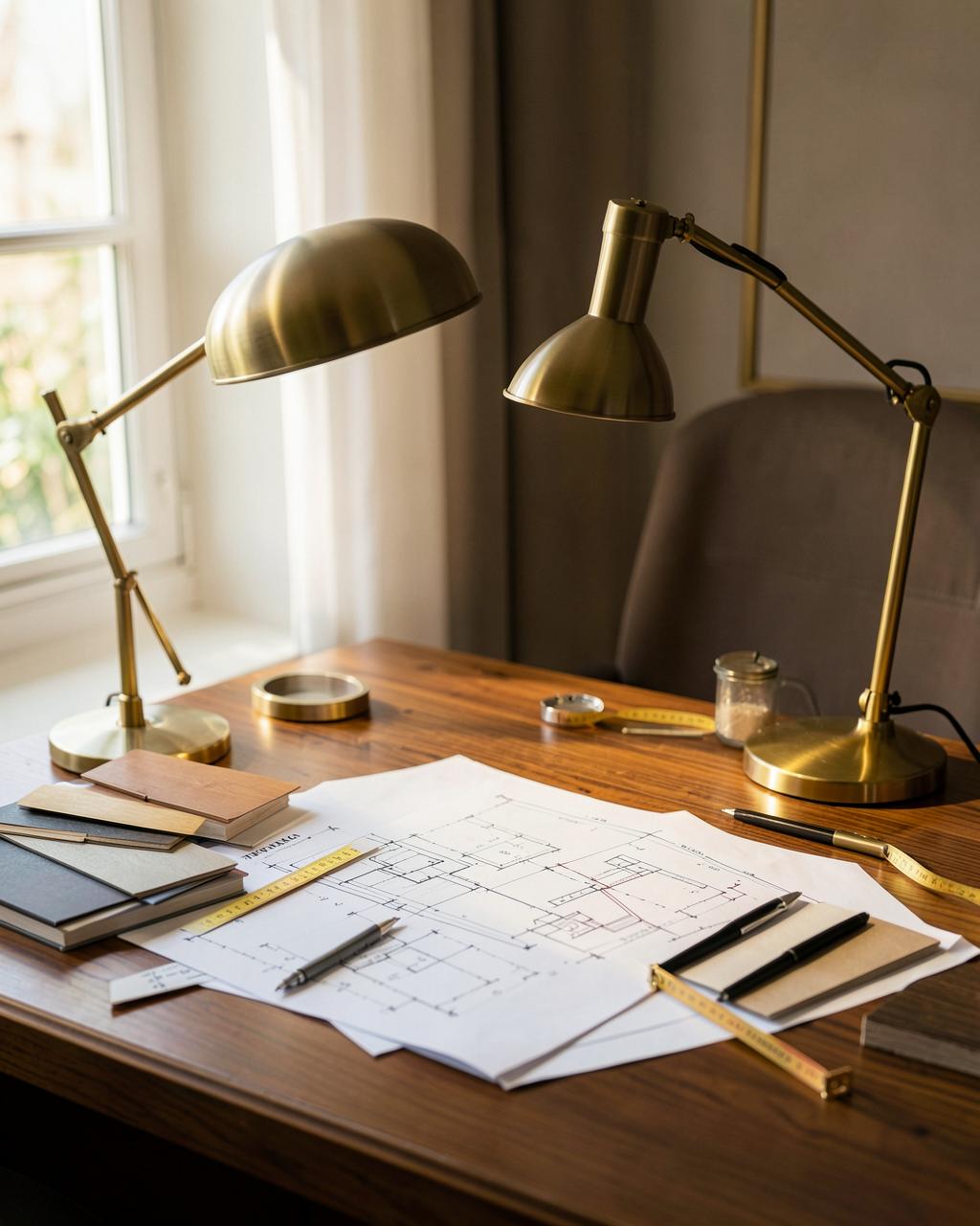 Architectural plans and materials on a professional desk